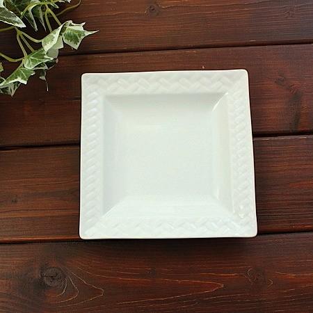 ホワイト)フチ網目模様スクエア皿 (洋食器 白い食器 プレート 中皿