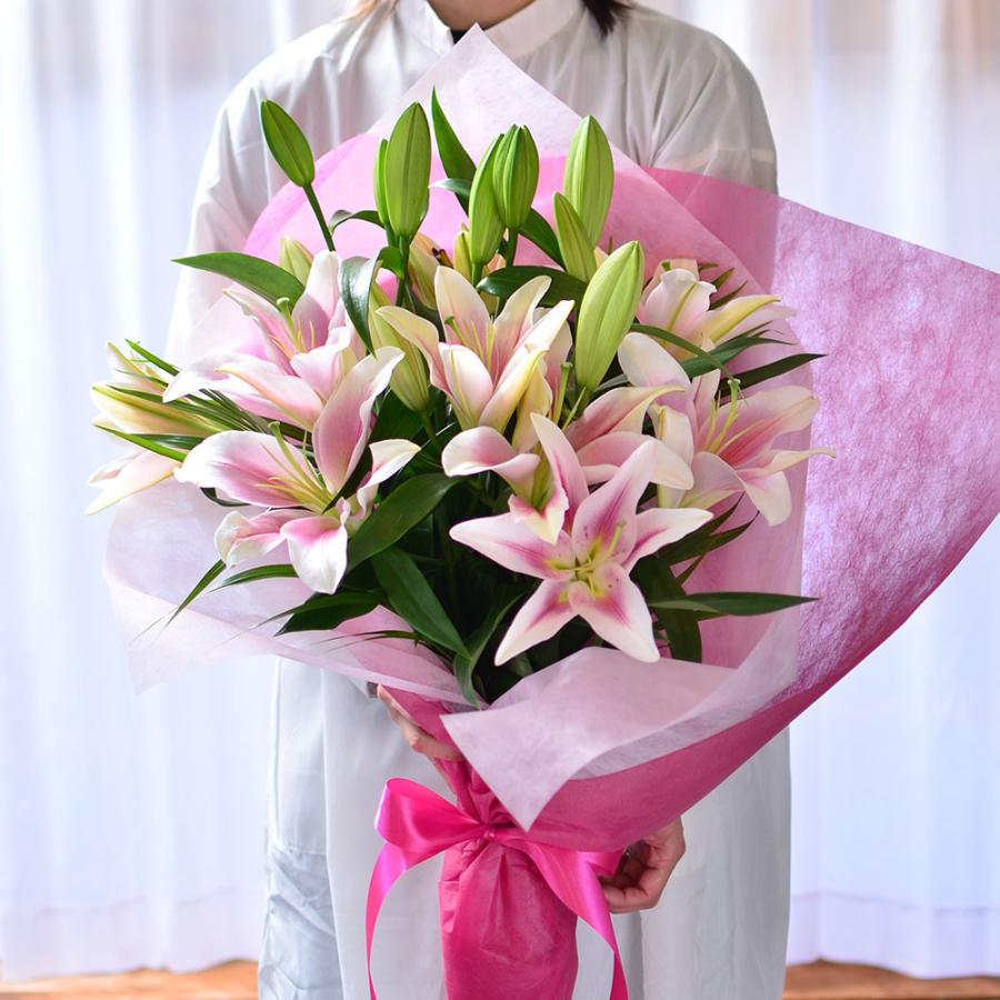 エーデルワイス花の贈り物 白 ピンク百合の花束 25輪以上 誕生日 花束