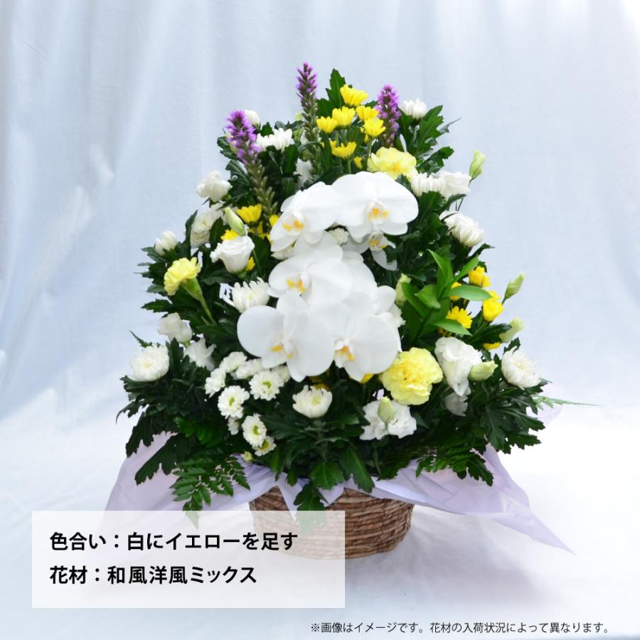 お供え花　仏花　ブルーダリア　白赤胡蝶蘭　百合　造花アレンジ お供え用 胡蝶蘭の洋風アレンジメント フラワーアレンジメント