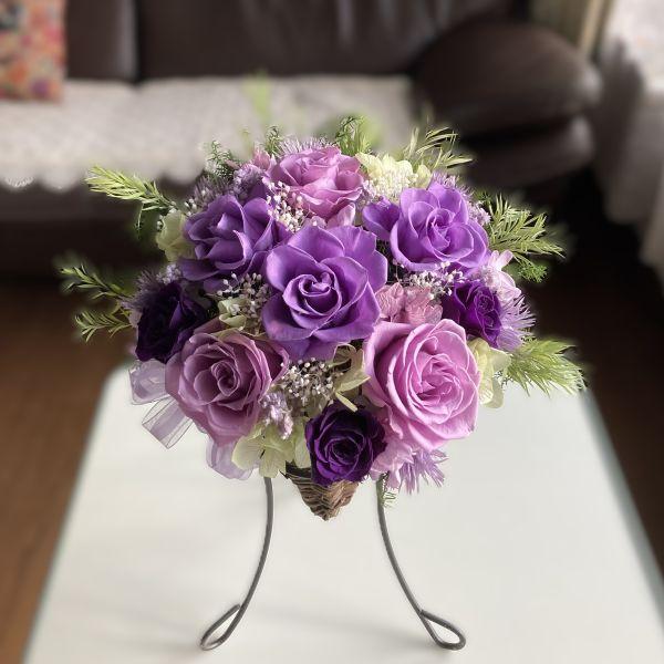 パープルローズのアイアンスタンド付きバスケット】プリザーブド