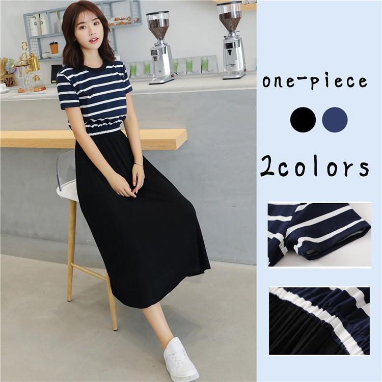 ワンピース Tシャツワンピース レディース 夏 半袖 丸首 ストライプ ロング シンプル カジュア ファッション 注目