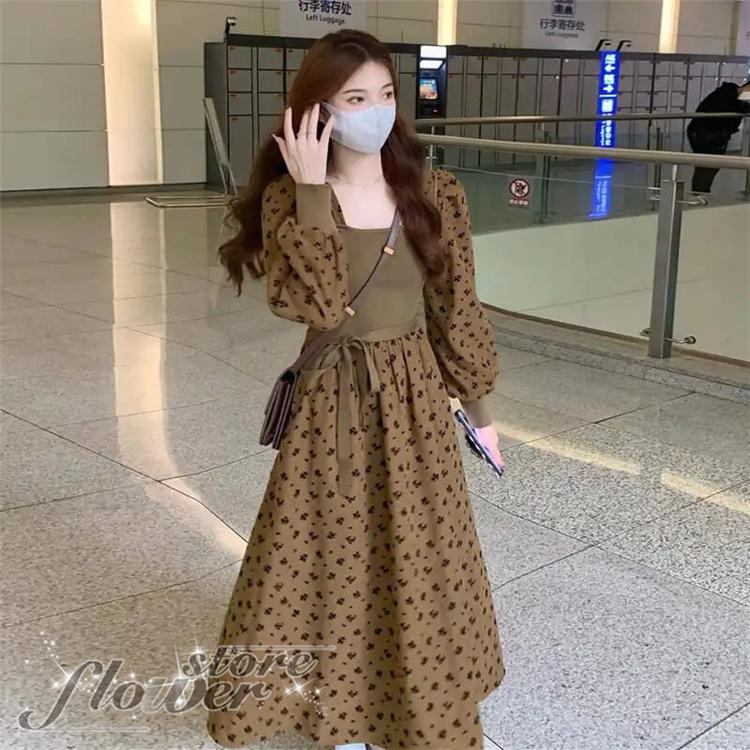 異素材 ワンピース レディース 花柄ワンピ ロング丈 ドッキングワンピース 長袖 ニットワンピ 40代30代 ウエストマーク切替 Hhno790 Flowerstore 通販 Yahoo ショッピング