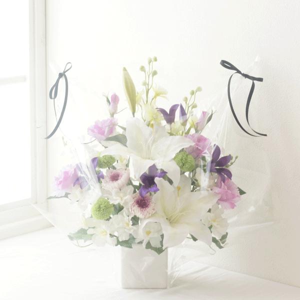 カサブランカと輪菊とクレマチスのスペシャル仏花(紫）大きなサイズ