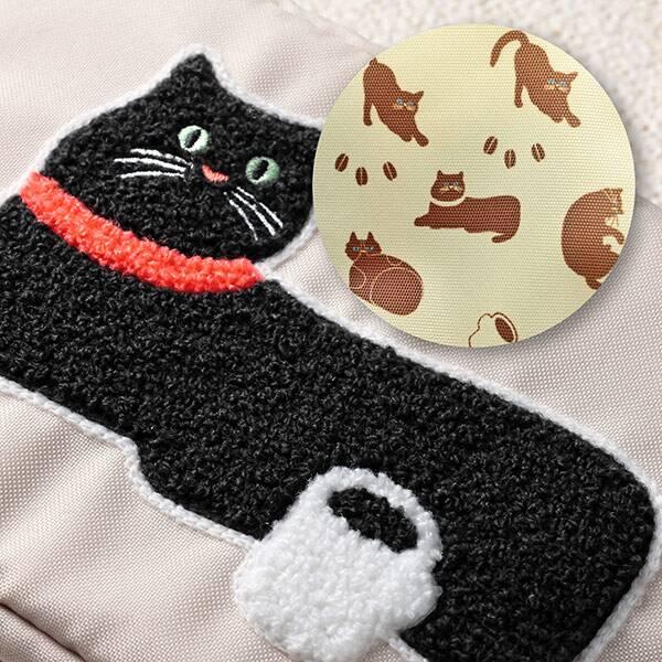 猫パネル　ふわふわ着ぐるみ猫ちゃんフリルトート＆ポーチ　インド刺繍生地 カルディ KALDI もこもこ刺繍ポーチ 【 ポーチ本体 】 にゃんこ 猫