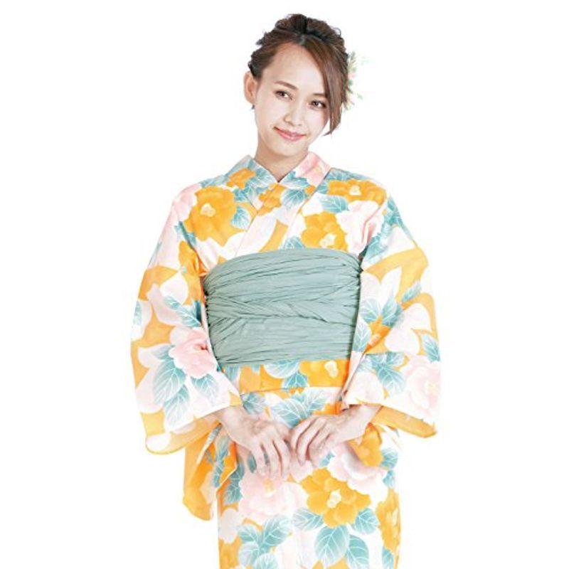 ソウビエン 浴衣セット レディース レトロ Bonheur Saisons ボヌールセゾン 黄色 イエロー 白 緑 椿 花 手捺染 手縫