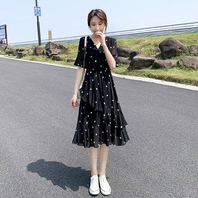 激安 ワンピースレディース40代マキシワンピース春夏半袖ワンピースドット柄シフォンaランスカートvネック黒オシャレ大きいサイズ大人可愛い30代 ワンピース Color Xl Www We Job Com