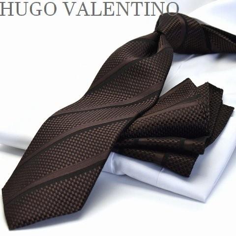 ネクタイ  ポケットチーフHUGO VALENTINO ヒューゴバレンチノCPN-C-LON-245※通常サイズより長いネクタイ 超ロングネクタイ/ブラウン｜flyingbluenet