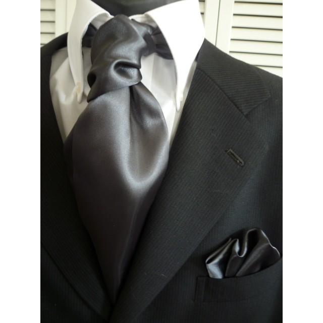 ネクタイ ダークグレーの無地 SET-202-Y ストール8cm幅 ポケットチーフ