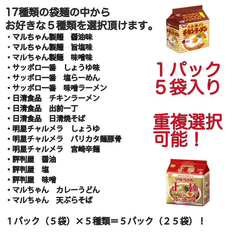 袋麺 インスタント麺 選べる5種類 1パック5食入 合計25袋 ラーメン