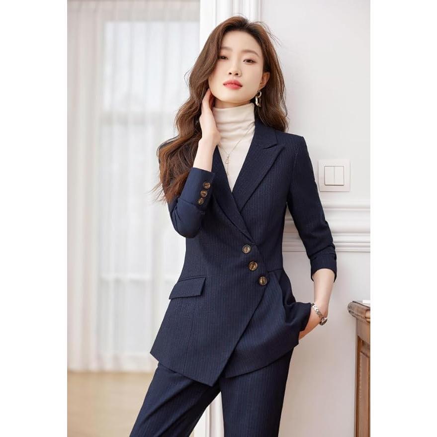 ストライプ パンツスーツ上下 PLST ネイビー ストライプ パンツスーツ