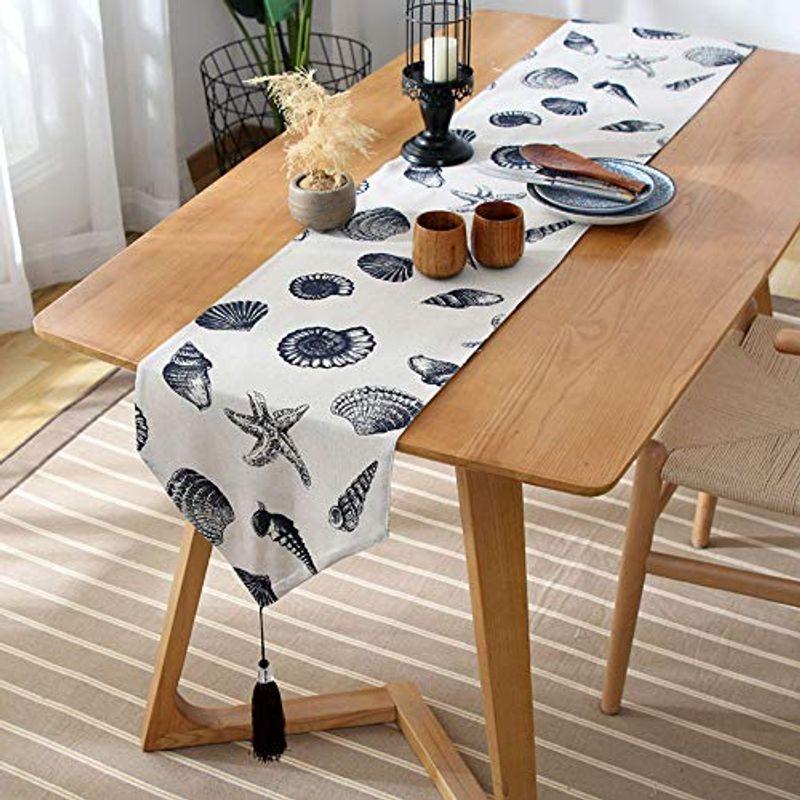Emoi テーブルランナー おしゃれ 北欧 コットンリネン生地 タッセル付き モダン 海洋貝殻柄 食卓飾り 布 食卓ランナー テーブルクロス By1d4wwwrp Greatlocalfoods Com