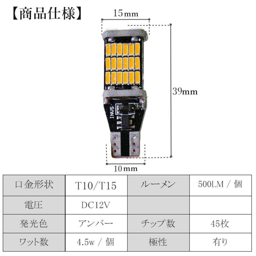 T10 T15 T16 LED ウィンカー ウェッジ LEDバルブ バックランプ 45連 黄 オレンジ アンバー 高輝度 2個 セット｜fnina｜04