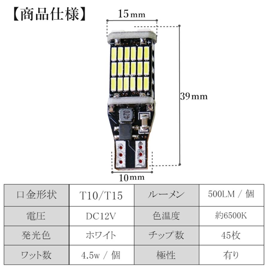 T10 T15 T16 LED バックランプ ウェッジ バルブ 45連 高輝度 6500k ホワイト 白 2個 セット｜fnina｜02