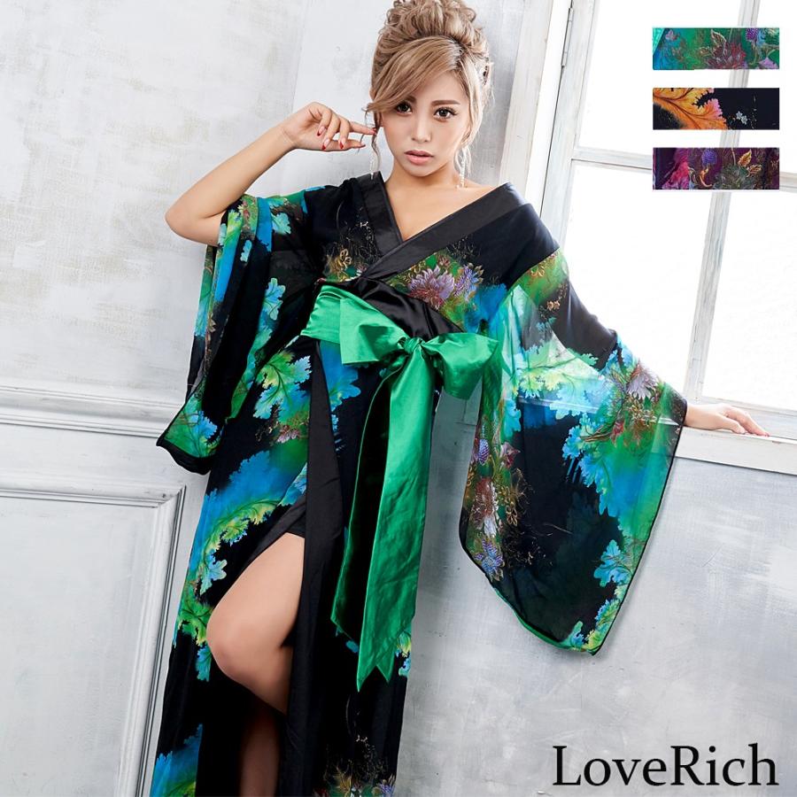 フラワープリントリボンつきロング着物ドレス 和柄 よさこい 花魁 コスプレ キャバドレス :0693:LoveRich - 通販
