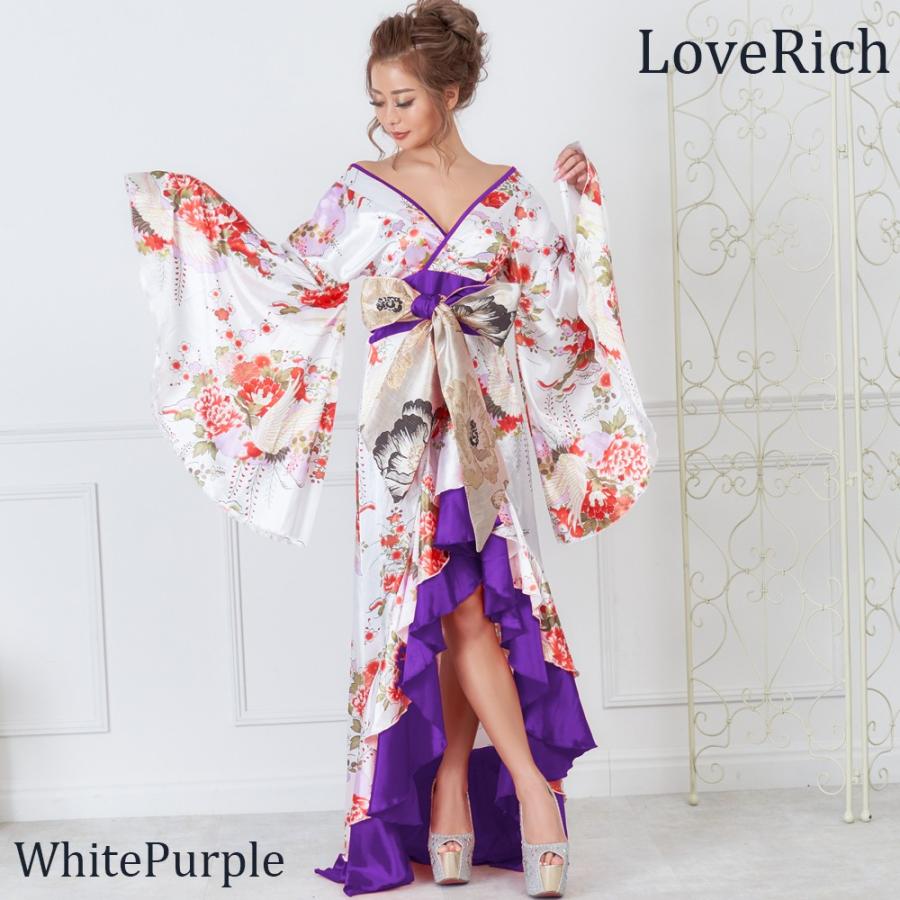 サテン和柄フリルロング着物ドレス 衣装 ダンス よさこい 花魁