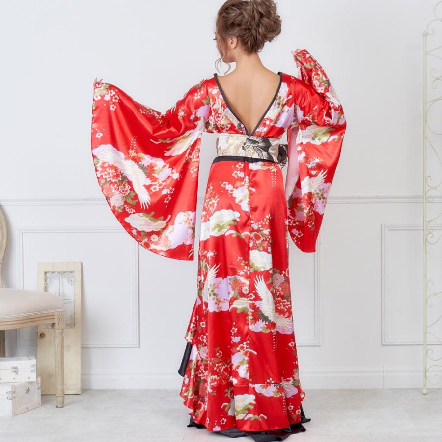 サテン和柄フリルロング着物ドレス 衣装 ダンス よさこい 花魁