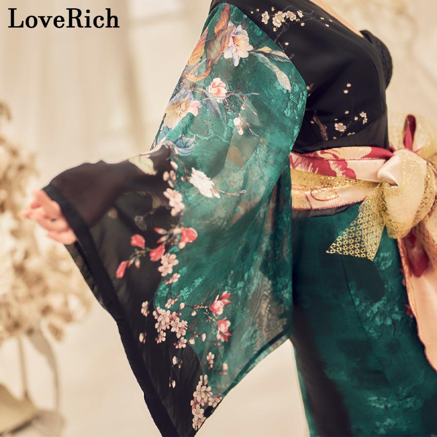 アシンメトリー 花柄 レース 豪華 帯 リボン 花魁 着物 ドレス