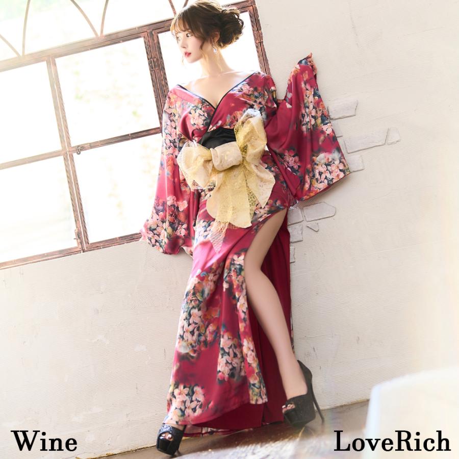 高級ライン】小花柄 スリット オフショル ロング 豪華 帯 リボン 花魁