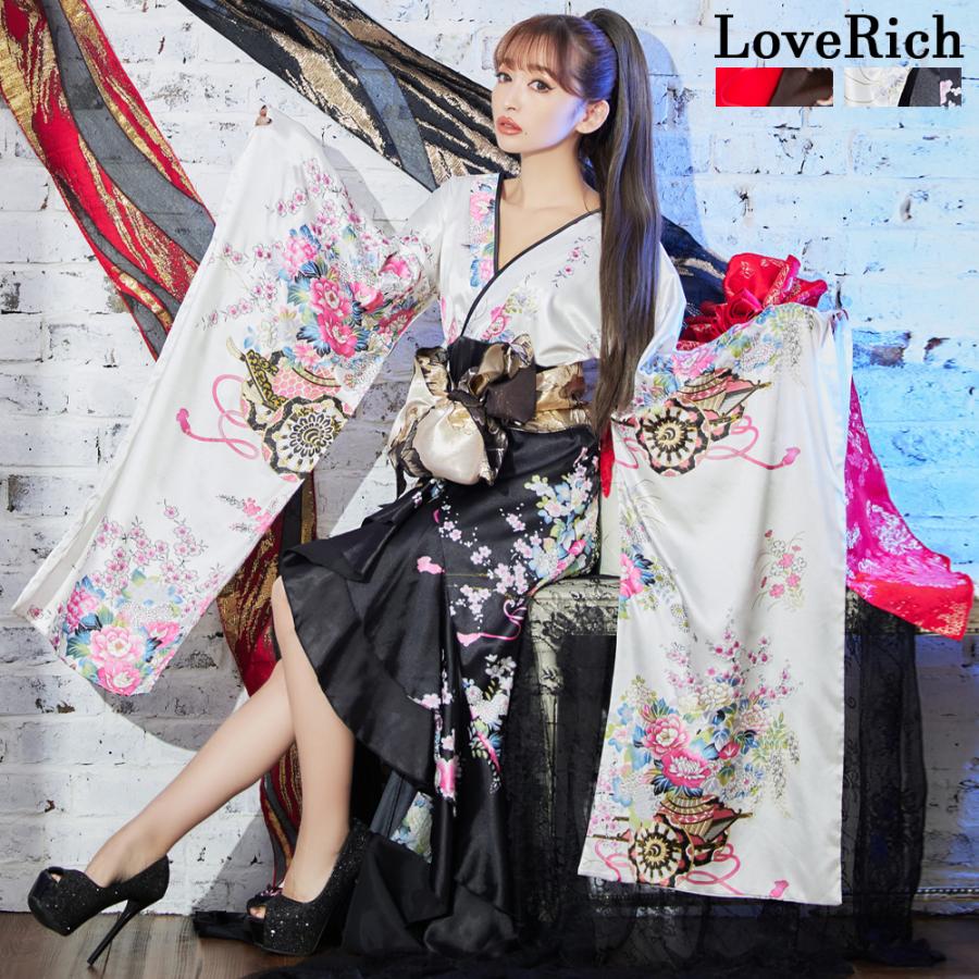LoveRich ラブリッチ 【高級ライン】ツートンカラー 和柄 フリル 豪華 花柄 ロング 美脚 帯 リボン 花魁 着物 ドレス コスプレ イベント ハロウィン [1180] 高級ライン/2カラー】ツートンカラー 和柄 フリル 豪華 花柄 ロング