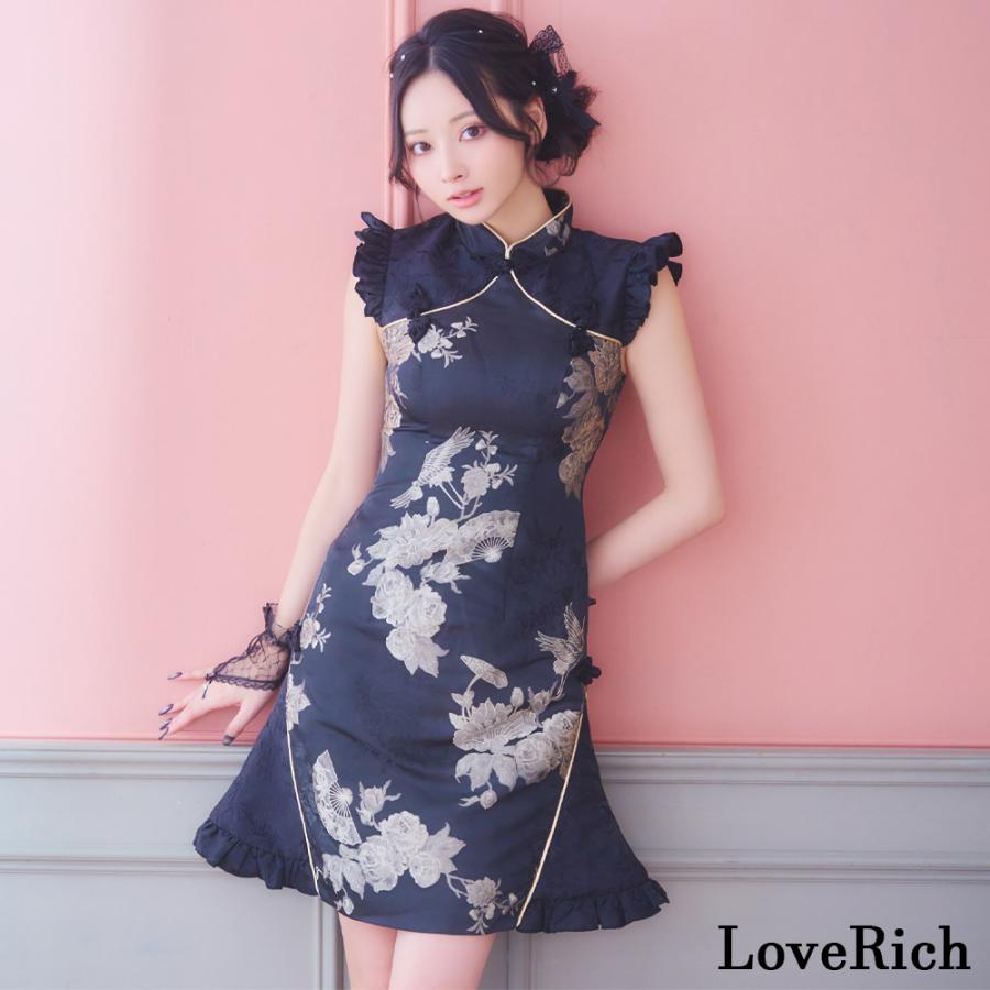 SMLサイズ】フレア 扇子柄 花柄 チャイナドレス チャイナ服 ミニ