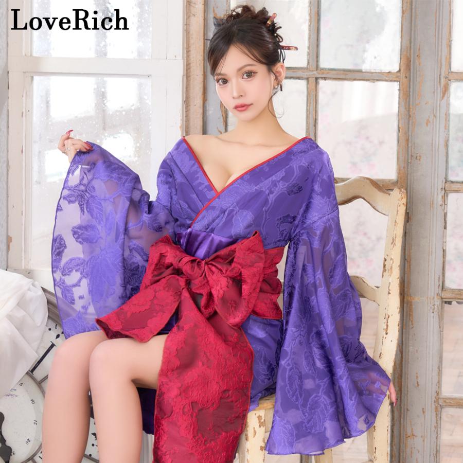 【高級ライン】【2点セット】透け花柄 オフショル ミニ 豪華 帯 花魁 着物 ドレス コスプレ ハロウィン キャバドレス_9