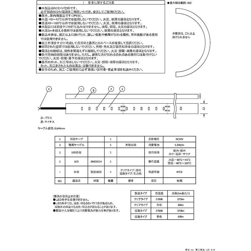 サウナ用　100℃までOK富士メディシィエ　LEDテープライト　サウナ照明　水没可　耐高温　本体拡散タイプ　ケーブル5m付　サウナライ　防水