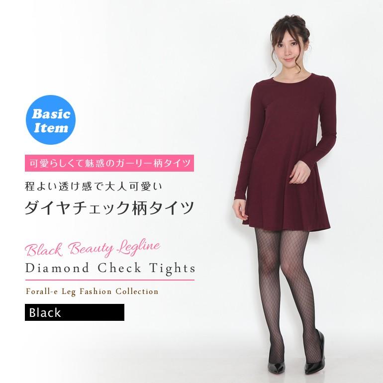 ガーリー カジュアル 30デニール 中ダイヤ柄 ブラック デザイン タイツ マチ付き 黒 M-L |  | 01