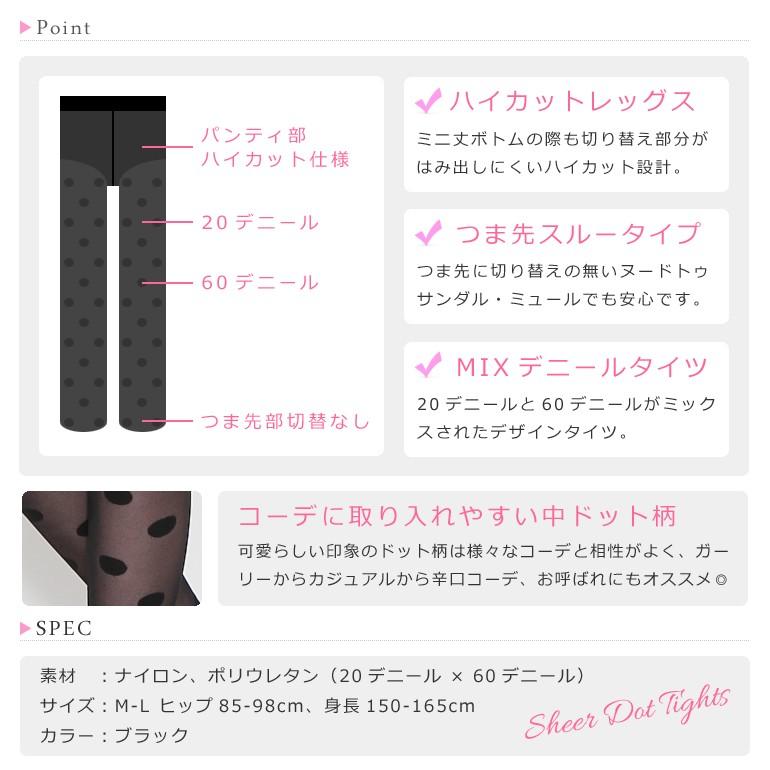 可愛らしい 大ドット柄 20×60デニール シアータイツ ストッキング ハイカット仕様 黒 M-L |  | 03