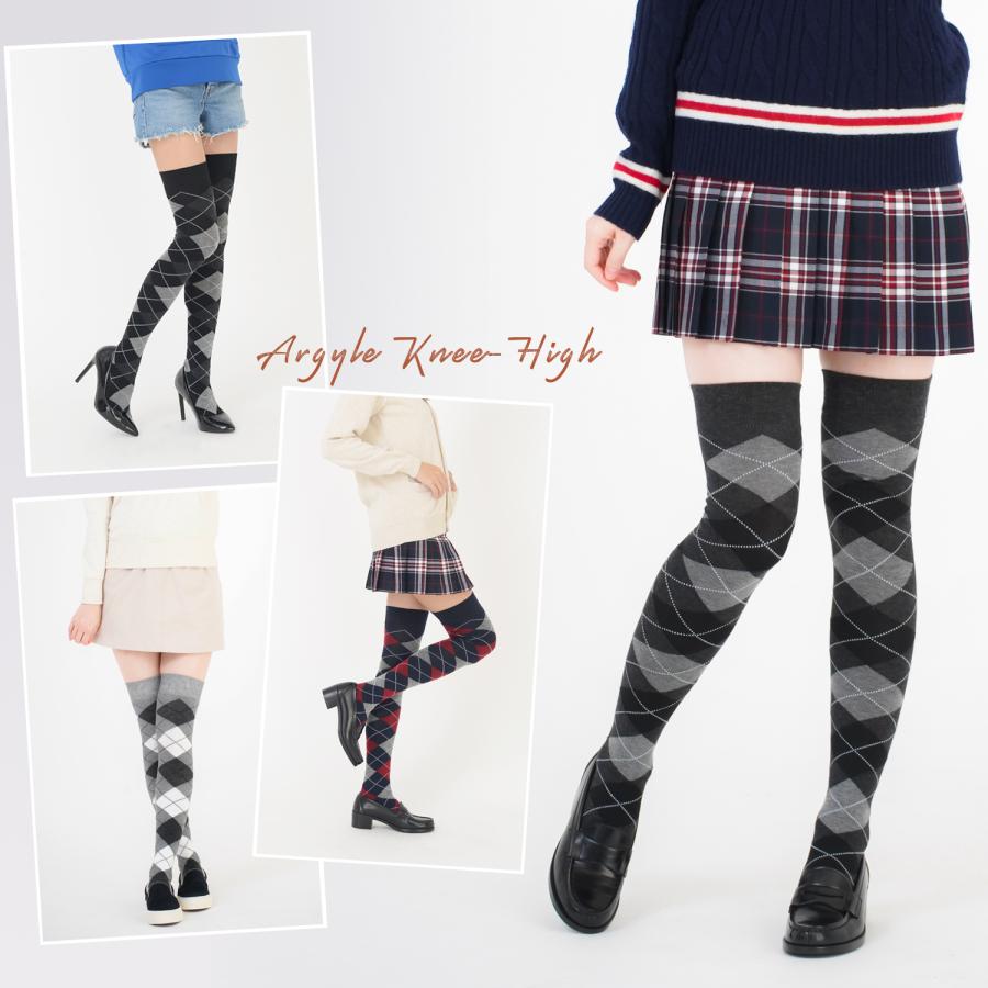 綿混 アーガイルチェック柄 ニーハイ オーバー二ーソックス ガーリー カジュアル |  | 05