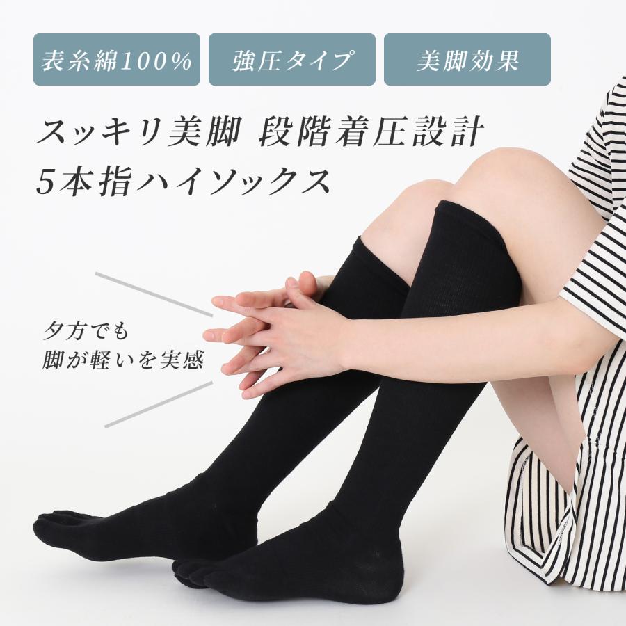 スッキリ美脚 段階着圧設計 5本指 ハイソックス 表糸綿100