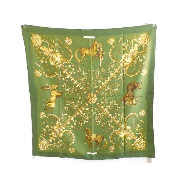 2 美品 エルメス □ カレ90 PARC ROYAL スカーフ シルク グリーン系 