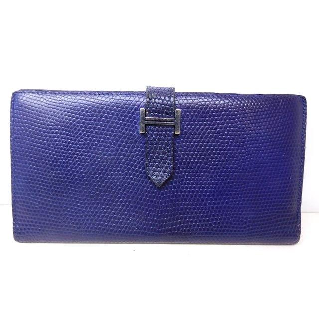 HERMES エルメス ベアン 財布 リザード □ ダークパープル系×シルバー  