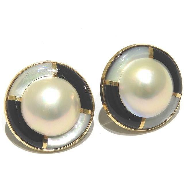 美品 K18 イエローゴールド イヤリング ☆ ラウンド マベパール  