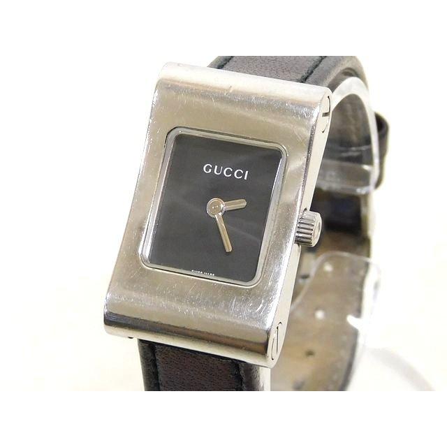 GUCCI グッチ 2300L 腕時計 □ クオーツ スクエア ブラック文字盤 革