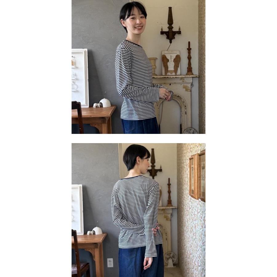 レディース cloud frill border tops／ホワイトブルーグレー長袖トップス
