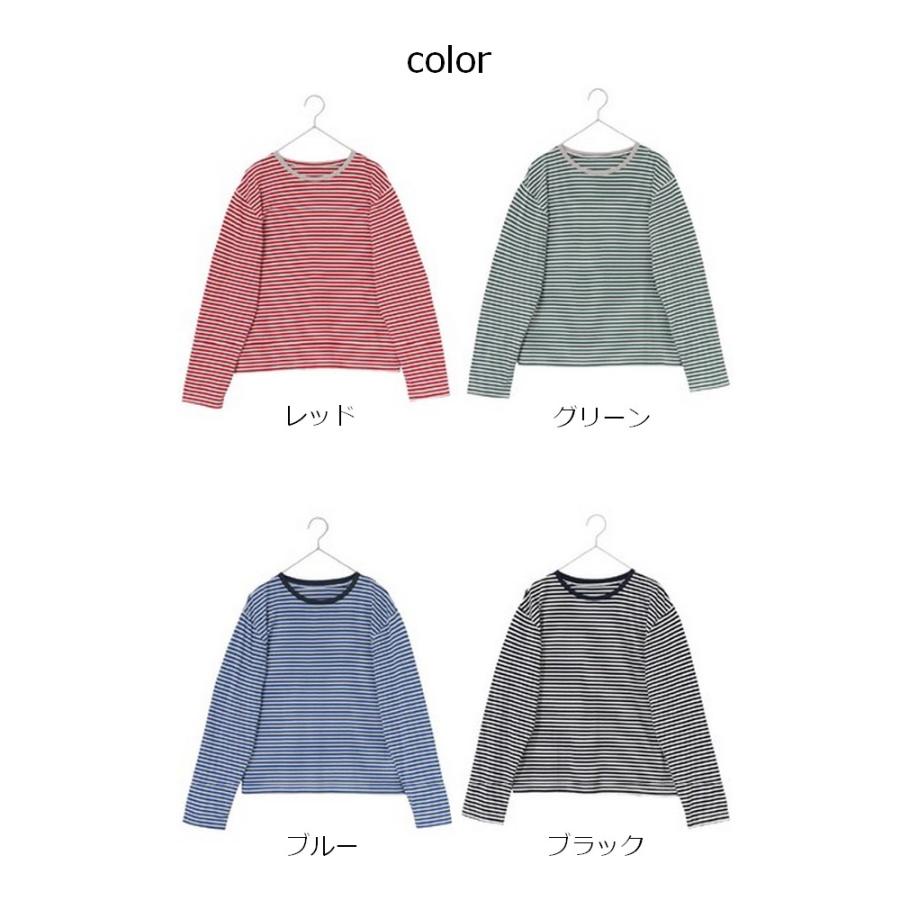 レディース cloud frill border tops／ホワイトブルーグレー長袖トップス