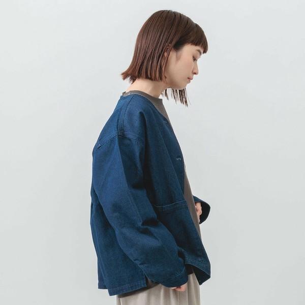 m.m.o デニムジャケット ノーカラー ドロップショルダー 無地 前ボタン