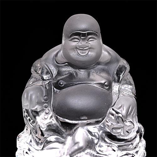 〔D433-9〕超透明 天然水晶布袋像 布袋様 布袋尊 彫刻 置物 台付き【メール便】の画像