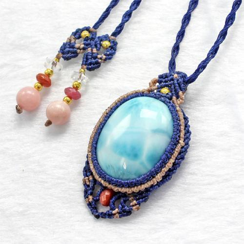 高品質 ラリマー マクラメ編み ペンダントネックレス 天然石