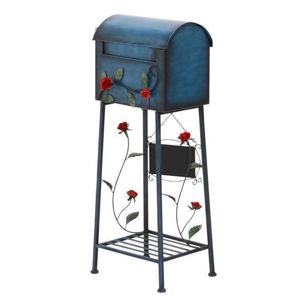 ポスト 郵便受け 幅40.5cm ローズ 横型 ブルー 棚付き メールボックス 組立品 玄関 エントランス 入口 店舗 お店〔代引不可〕