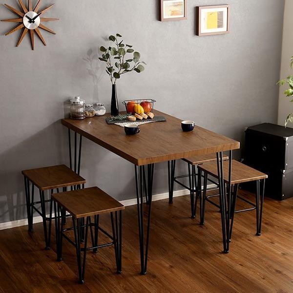 ダイニング 5点セット 約幅110cm ウォールナット ダイニングテーブル ダイニングチェア×4脚 スチール ヴィンテージ 組立品〔代引不可〕