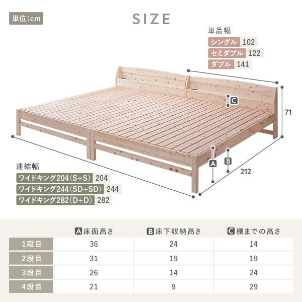 棚付き ヒノキ ベッド 通常タイプ ワイドキング 282 (D＋D) ベッドフレームのみ 日本製 ひのき すのこベッド 組立品〔代引不可〕｜forest-wakaba｜17