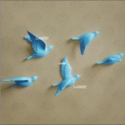 かわいい！ 壁掛けオブジェ (ブルー) 5個セット 樹脂製 モダン 飛ぶ小鳥 オブジェ、置き物