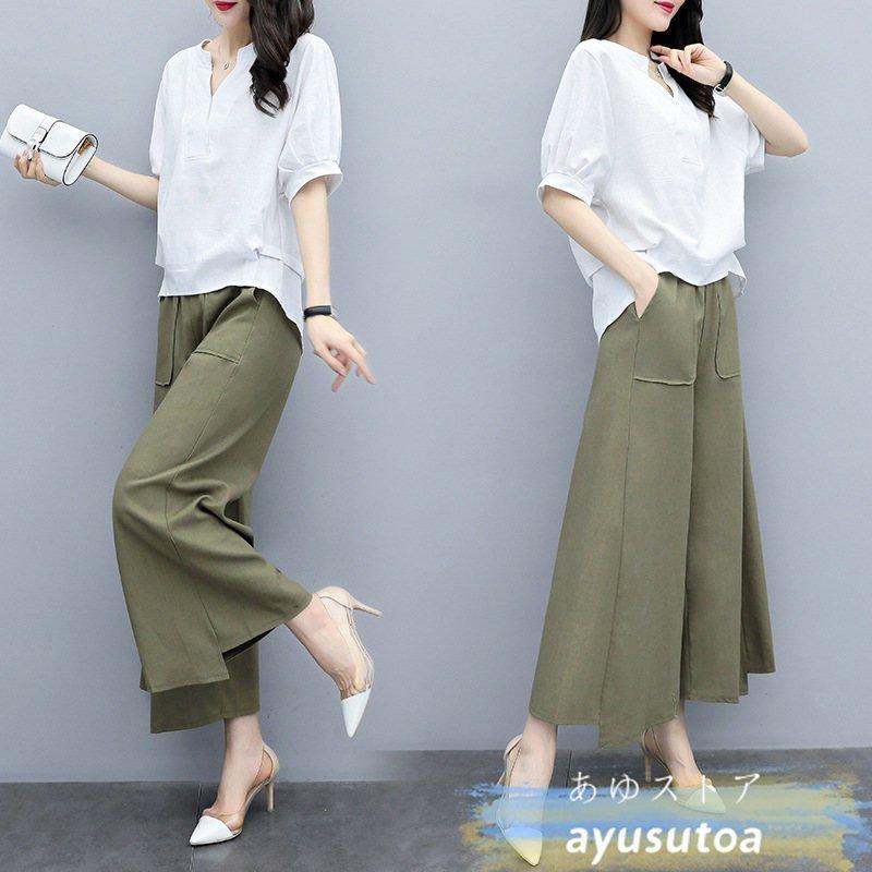 セットアップ レディース 夏服 カジュアル コーデ 40代 トップス ブラウス Tシャツ ガウチョパンツ シフォン きれいめ 大きいサイズ おしゃれ 着痩せ 通勤 新品 最大 オフ