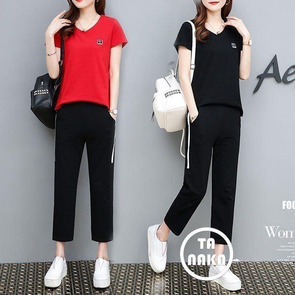 逆輸入 ジャージ レディース 上下 セット おしゃれ セットアップ 夏 40代 きれいめ Tシャツ 半袖 Vネック 七分丈パンツ 運動服 大きいサイズ 部屋着 韓国風 着痩せ