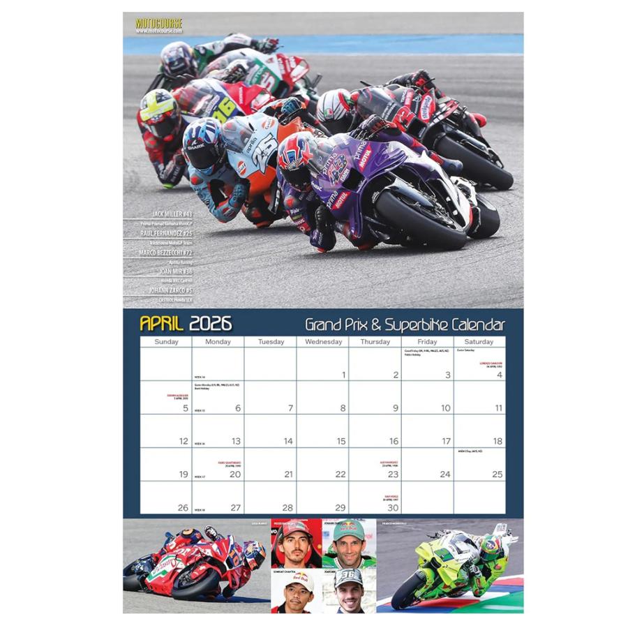 2026年 モトコース & スーパーバイク 壁掛け カレンダー MotoGP バイク