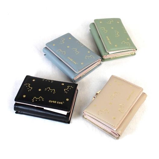 かわいい猫柄 三つ折り財布 9379 ゴールド口金付き、カード収納可能