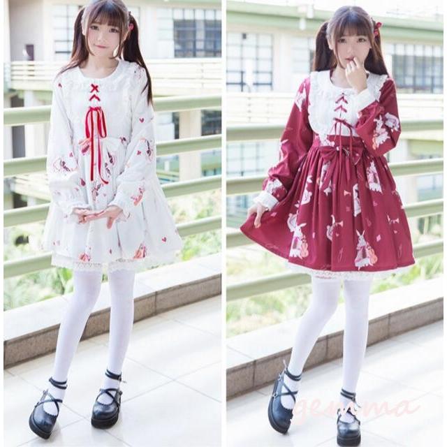 長袖ワンピース 可愛いロリータ風ワンピース 兎プリント 夏物 長袖 レース 日系 ワンピース 森ガール系定番 少女風 フレア コスプレ衣装 Best 315 Gemma 通販 Yahoo ショッピング