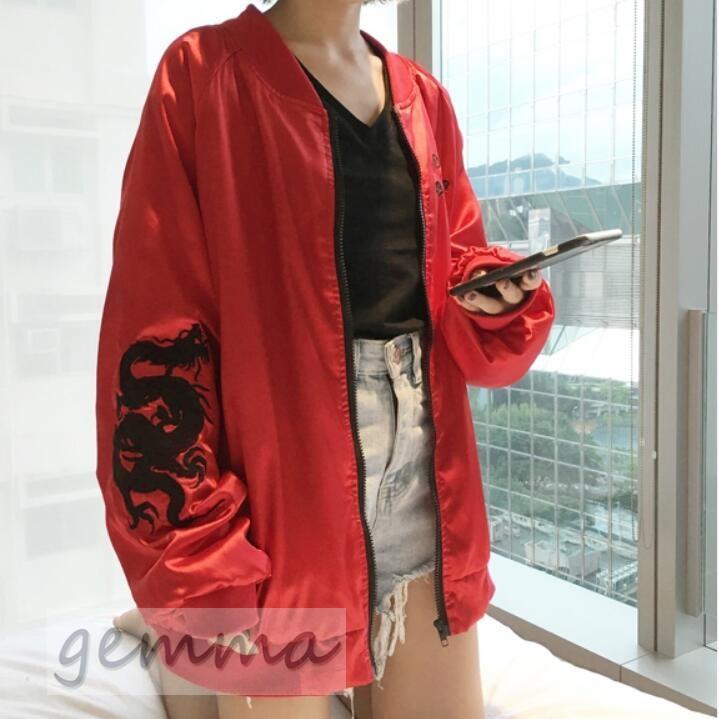 スカジャン レディース ジャケット 刺繍 龍 赤 黒 ゆったり 原宿系 ファッション サテン スタジャン ブルゾン アウター ショートコート 秋冬 Mai 0058 Gemma 通販 Yahoo ショッピング
