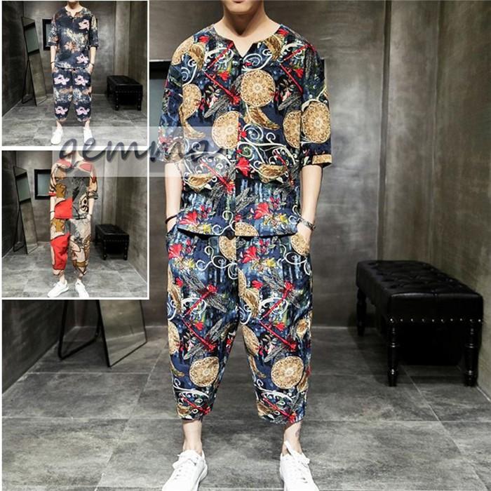 セットアップ メンズ Tシャツ サルエルパンツ 綿麻2点セット 花柄 スウェットセット リネンセット プリント 薄手 部屋着 Mai 1036 Gemma 通販 Yahoo ショッピング